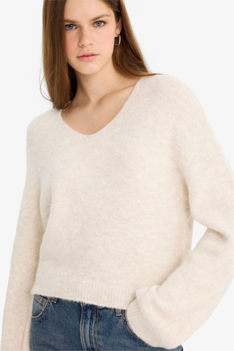 V-Neck Soft Textured Seamless Knit Pullover