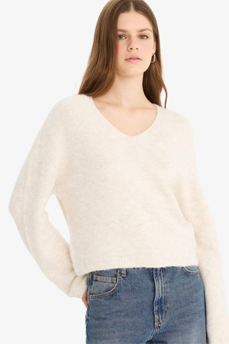 V-Neck Soft Textured Seamless Knit Pullover