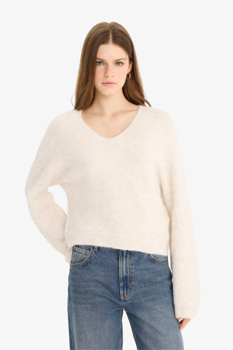 V-Neck Soft Textured Seamless Knit Pullover