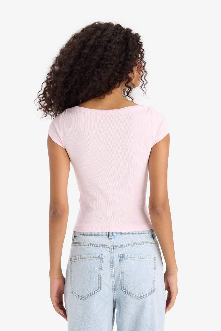 Slim Fit Dar Kesim Kayık Yaka Fitilli Kaşkorse Kısa Kollu Tişört