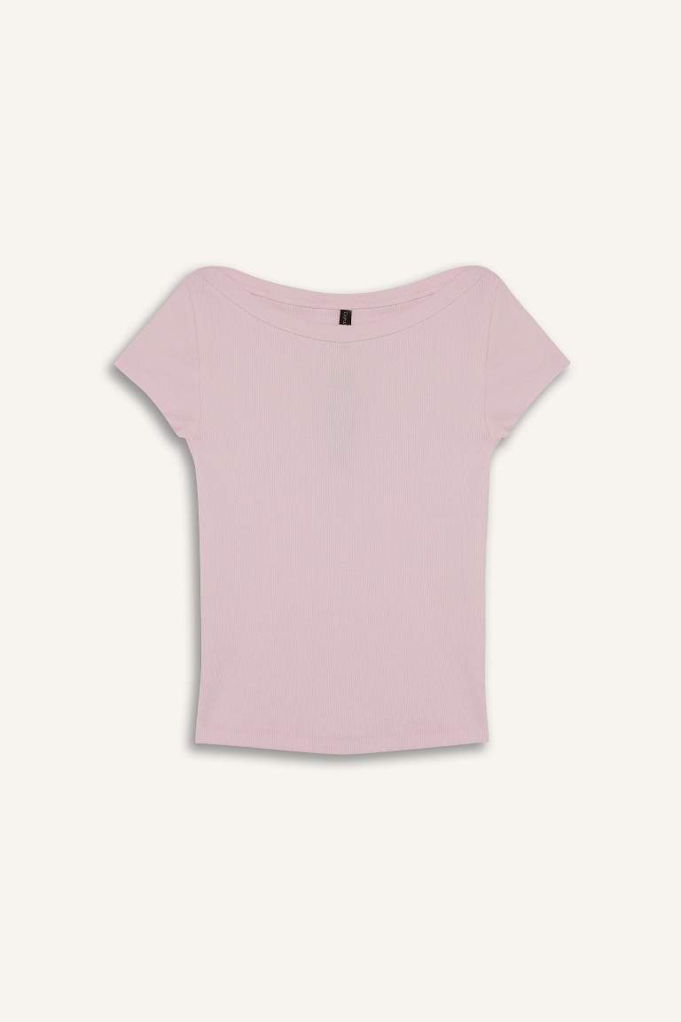Slim Fit Dar Kesim Kayık Yaka Fitilli Kaşkorse Kısa Kollu Tişört