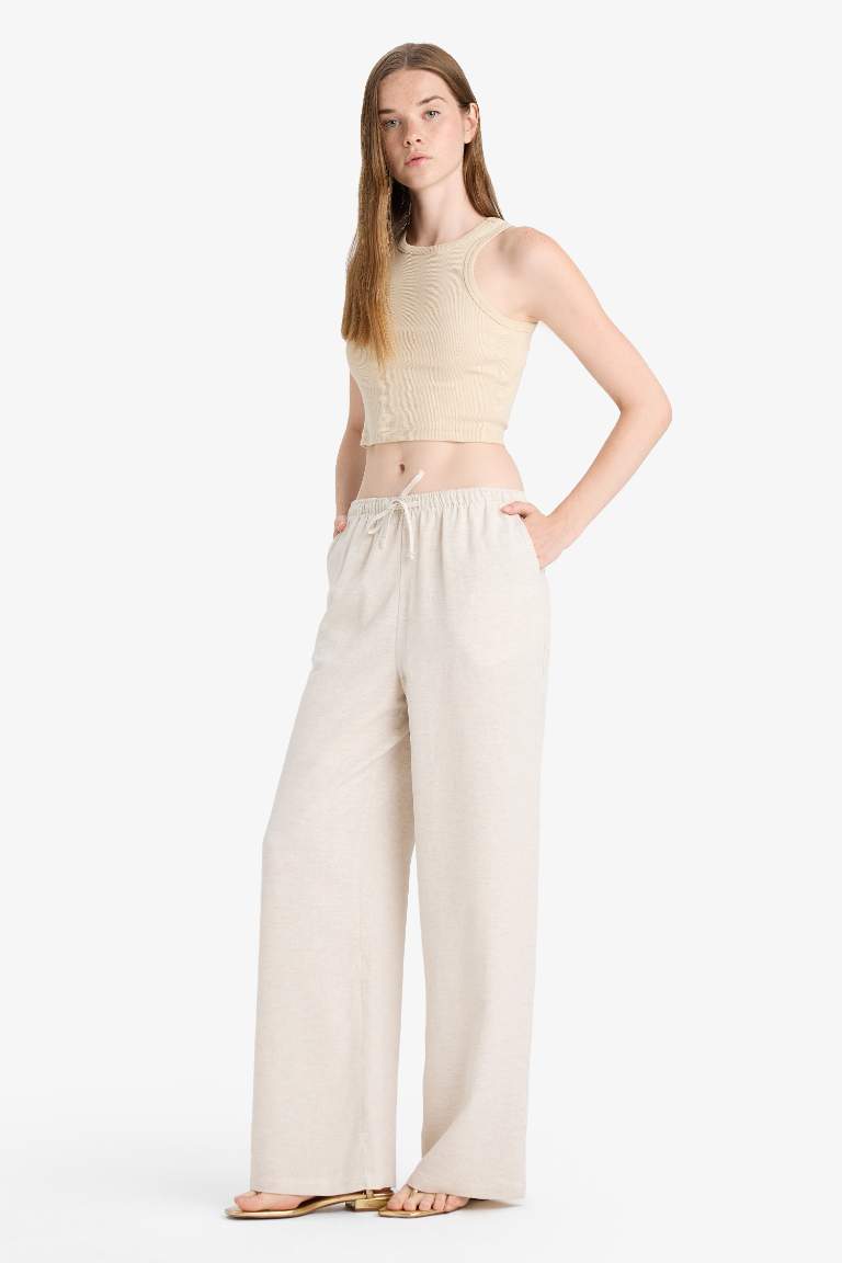 Wide Leg Cepli Yüksek Bel Standart Boy Keten Karışımlı Pantolon