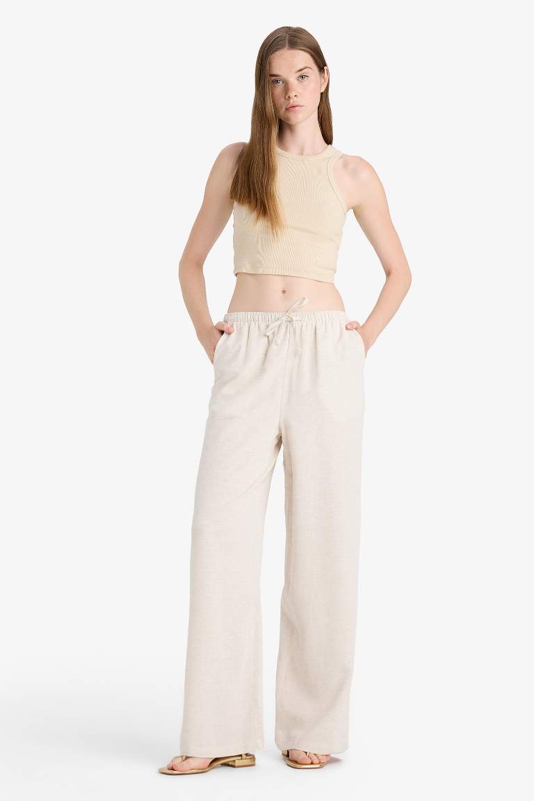 Wide Leg Cepli Yüksek Bel Standart Boy Keten Karışımlı Pantolon
