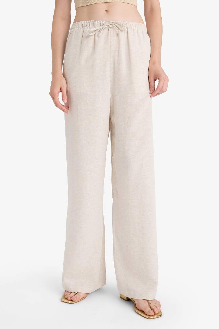 Wide Leg Cepli Yüksek Bel Standart Boy Keten Karışımlı Pantolon