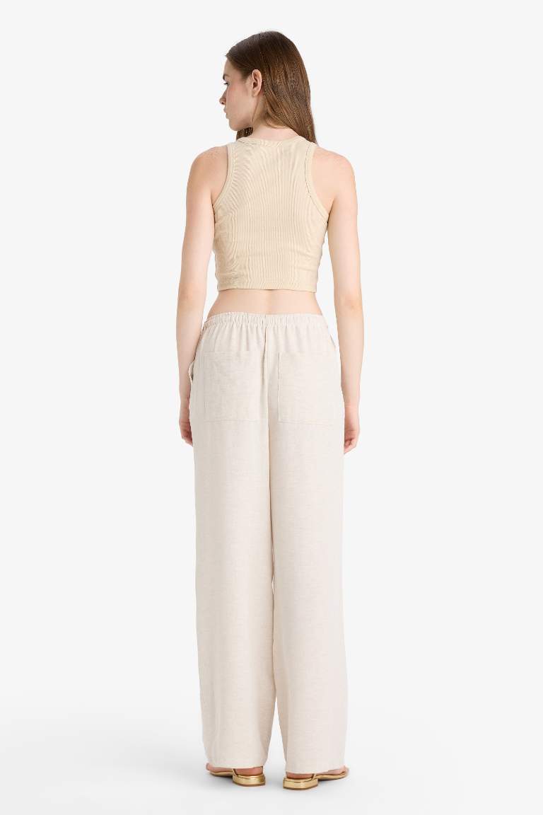 Wide Leg Cepli Yüksek Bel Standart Boy Keten Karışımlı Pantolon
