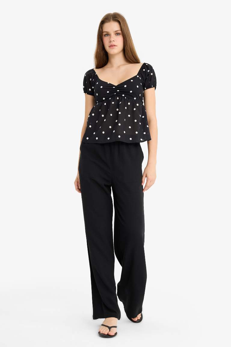 Wide Leg Cepli Yüksek Bel Standart Boy Keten Karışımlı Pantolon