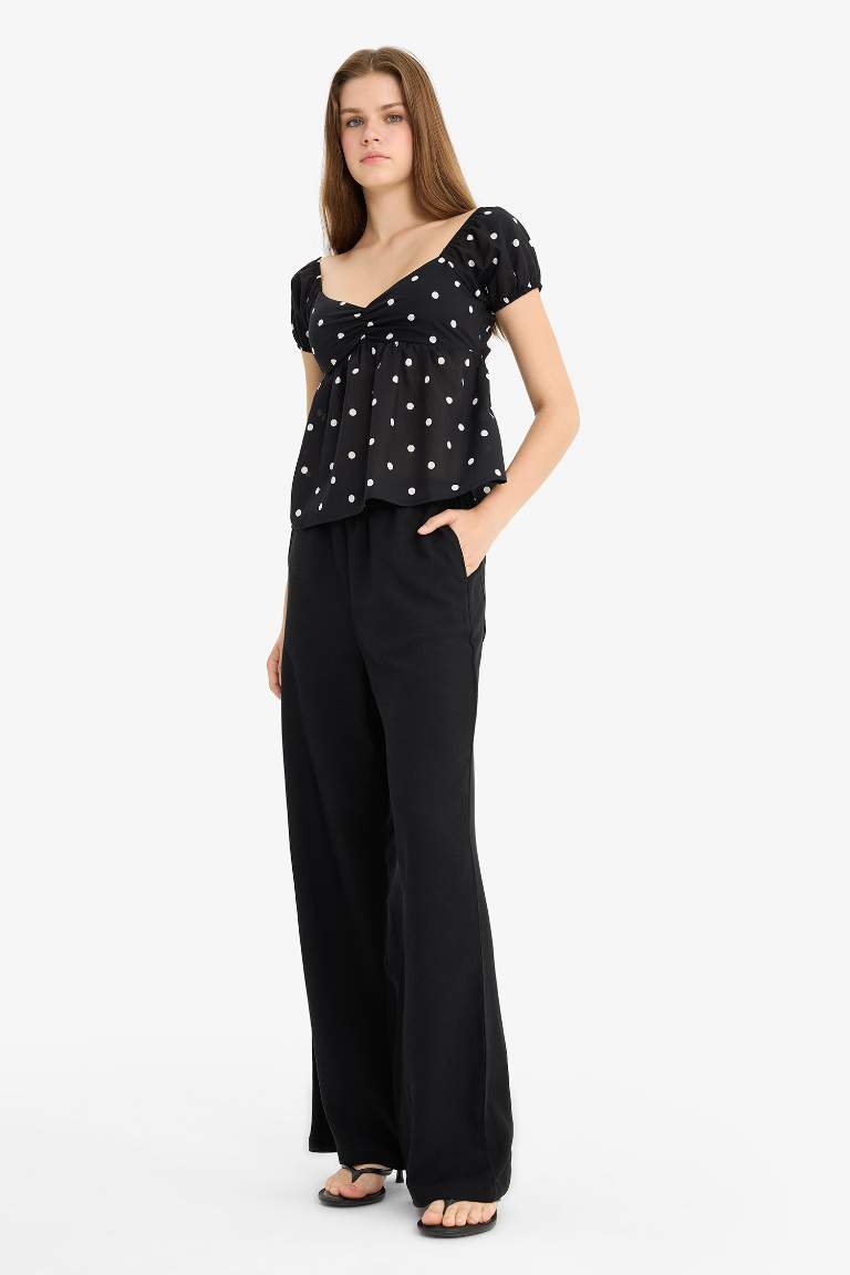 Wide Leg Cepli Yüksek Bel Standart Boy Keten Karışımlı Pantolon