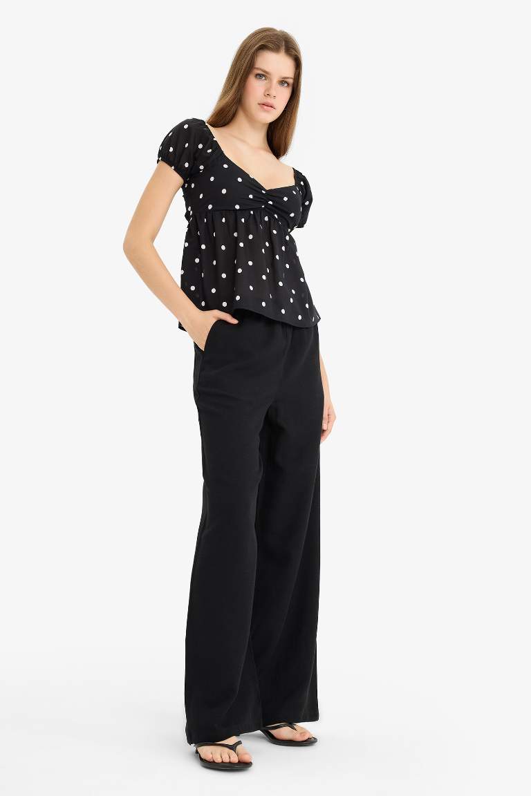 Wide Leg Cepli Yüksek Bel Standart Boy Keten Karışımlı Pantolon