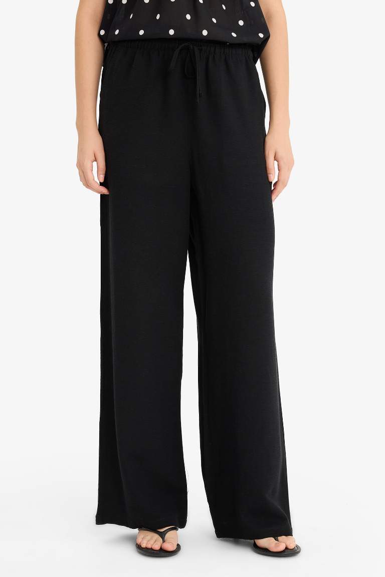 Wide Leg Cepli Yüksek Bel Standart Boy Keten Karışımlı Pantolon