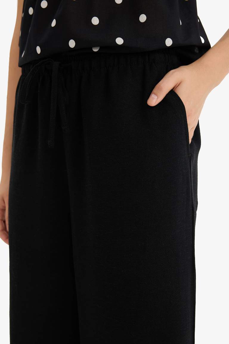 Wide Leg Cepli Yüksek Bel Standart Boy Keten Karışımlı Pantolon