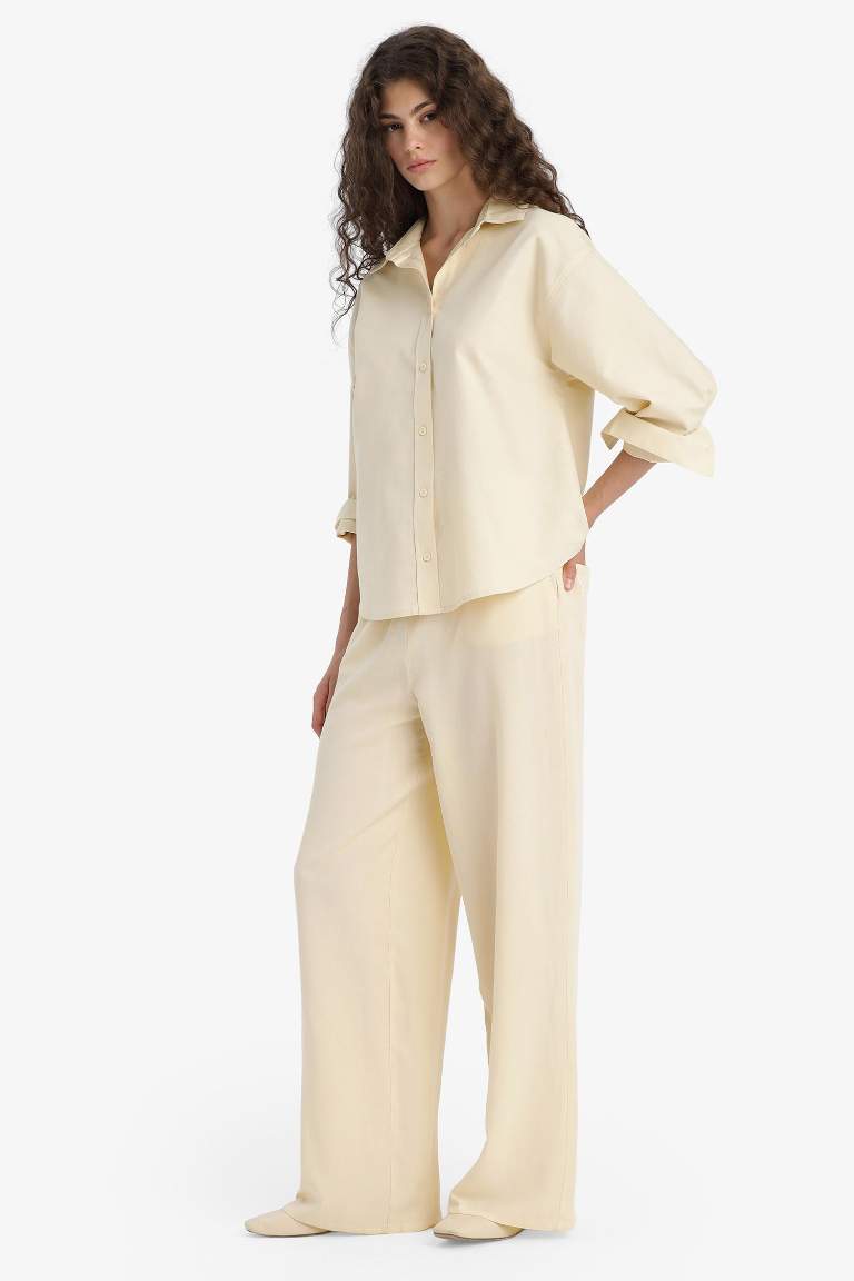 Wide Leg Cepli Yüksek Bel Standart Boy Keten Karışımlı Pantolon
