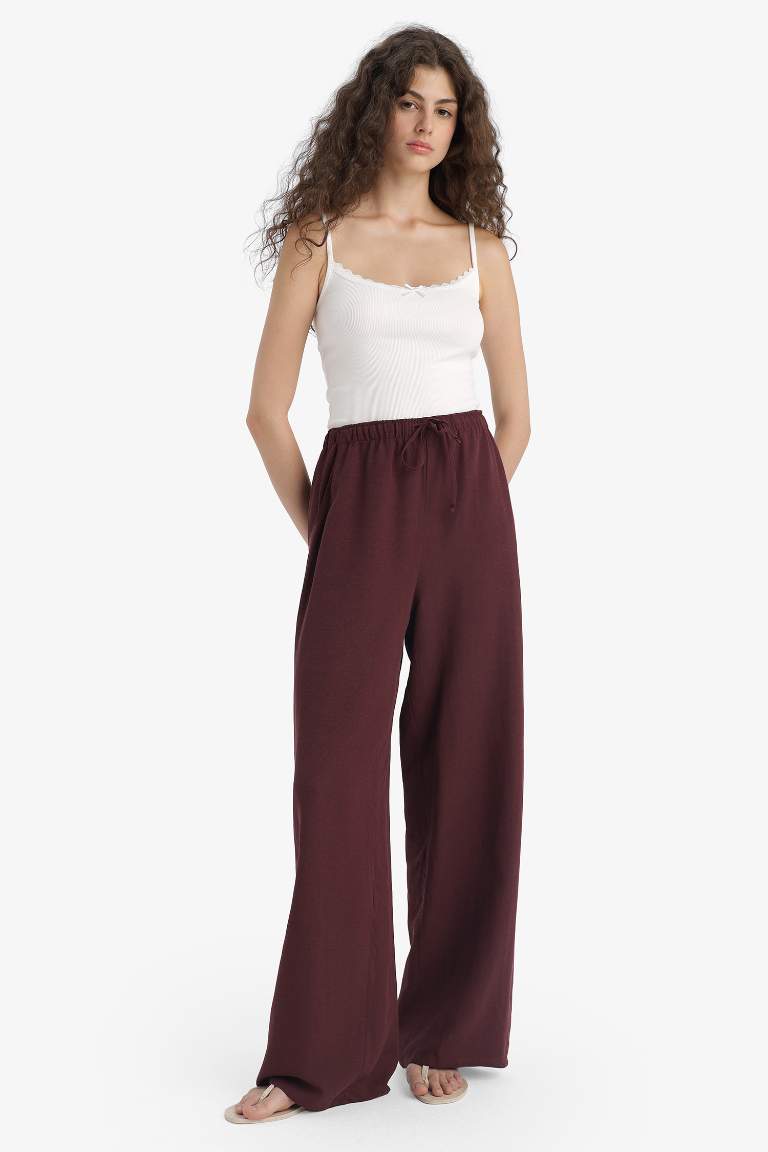 Wide Leg Cepli Yüksek Bel Standart Boy Keten Karışımlı Pantolon