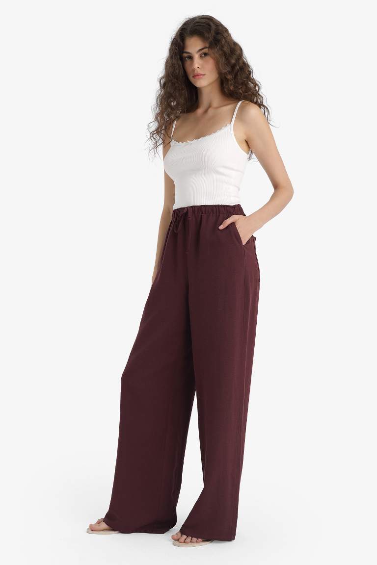 Wide Leg Cepli Yüksek Bel Standart Boy Keten Karışımlı Pantolon