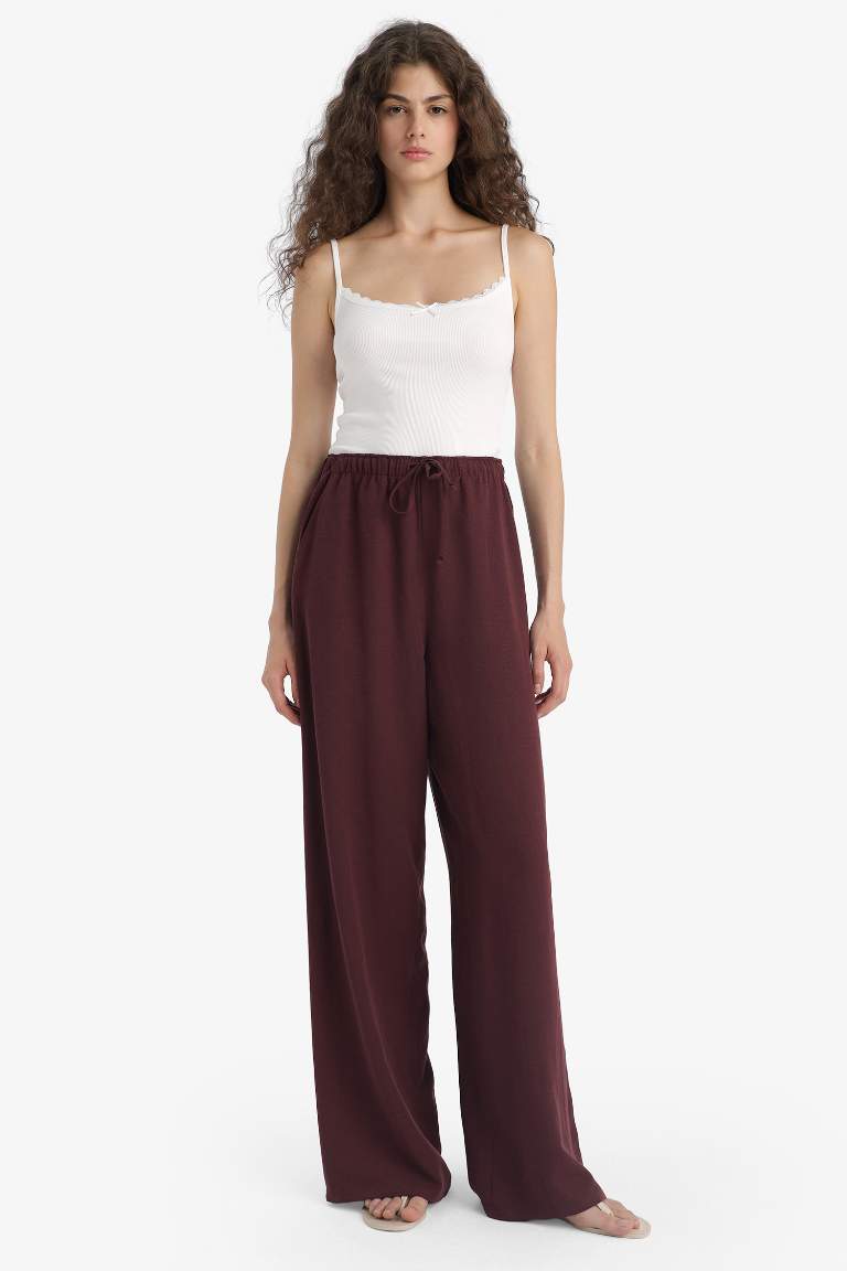 Wide Leg Cepli Yüksek Bel Standart Boy Keten Karışımlı Pantolon