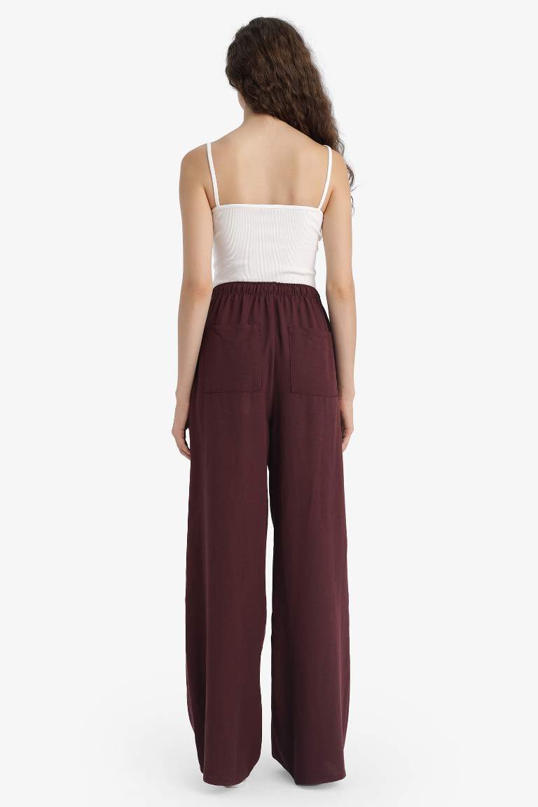 Wide Leg Cepli Yüksek Bel Standart Boy Keten Karışımlı Pantolon