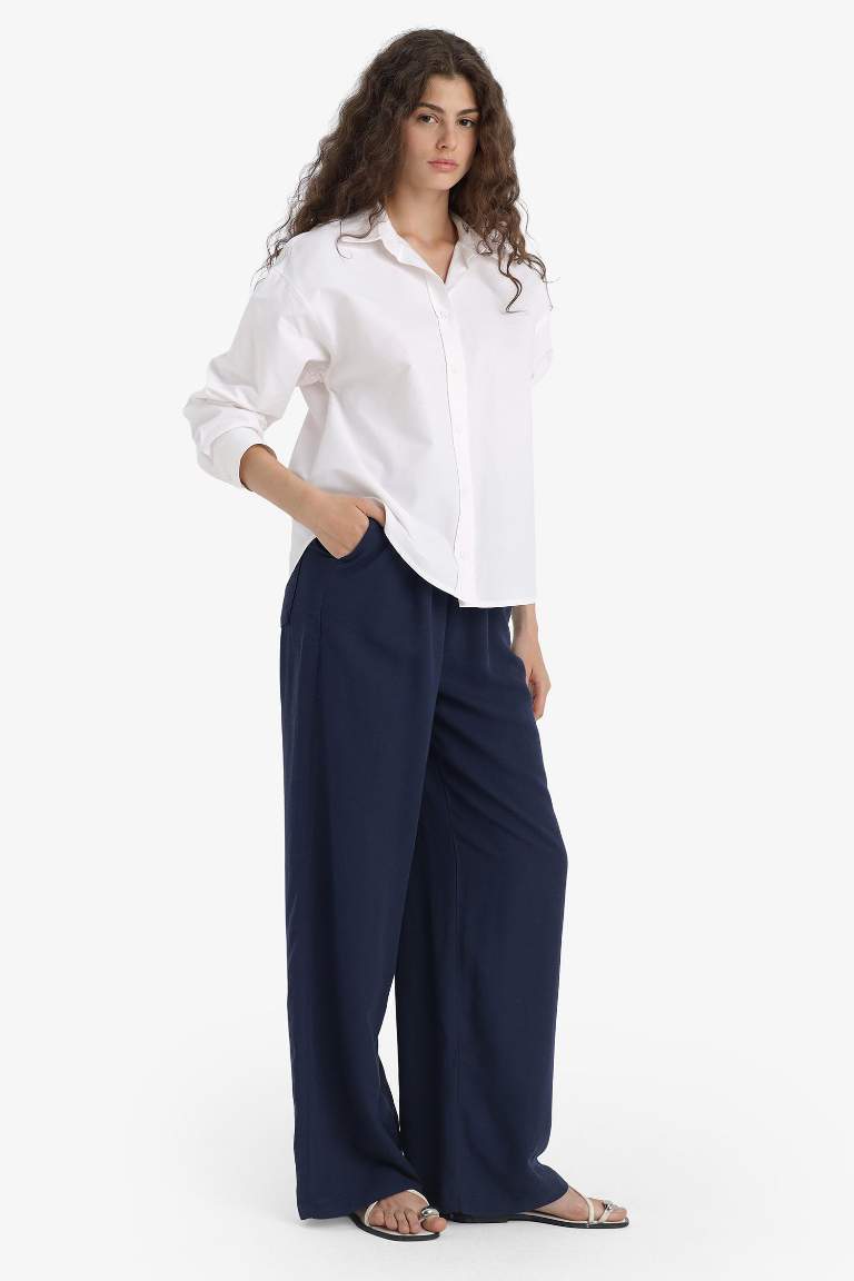 Wide Leg Cepli Yüksek Bel Standart Boy Keten Karışımlı Pantolon