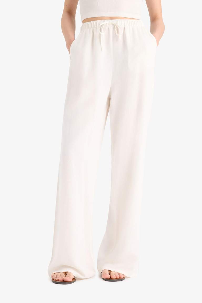 Wide Leg Cepli Yüksek Bel Standart Boy Keten Karışımlı Pantolon
