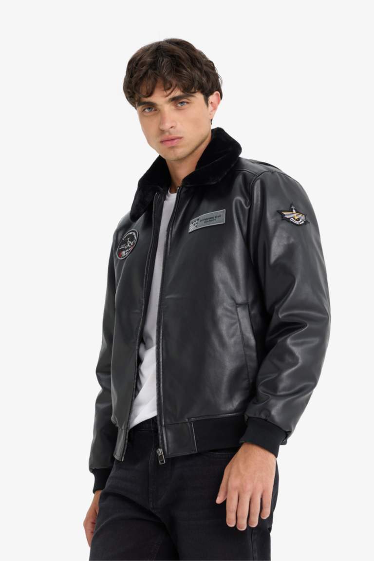 Regular Fit Plush Collar Faux Leather Bomber Jacket