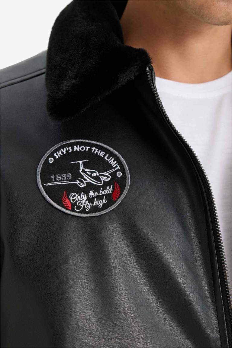 Regular Fit Plush Collar Faux Leather Bomber Jacket