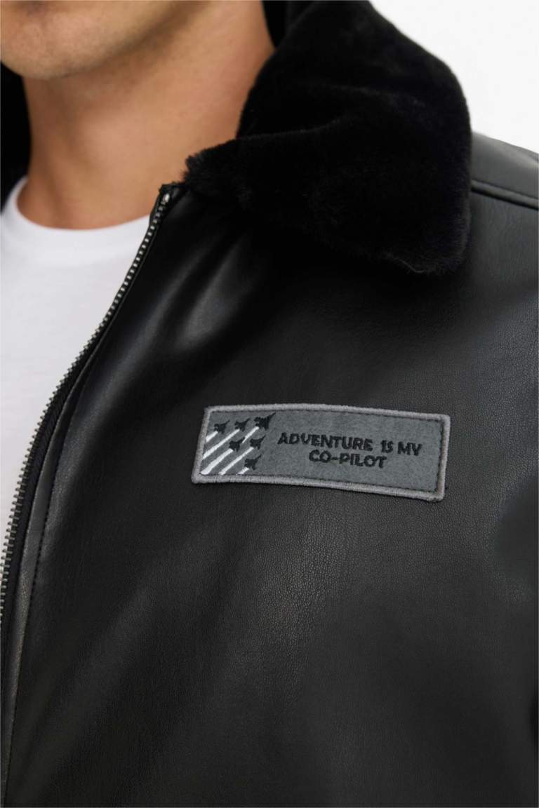 Regular Fit Plush Collar Faux Leather Bomber Jacket