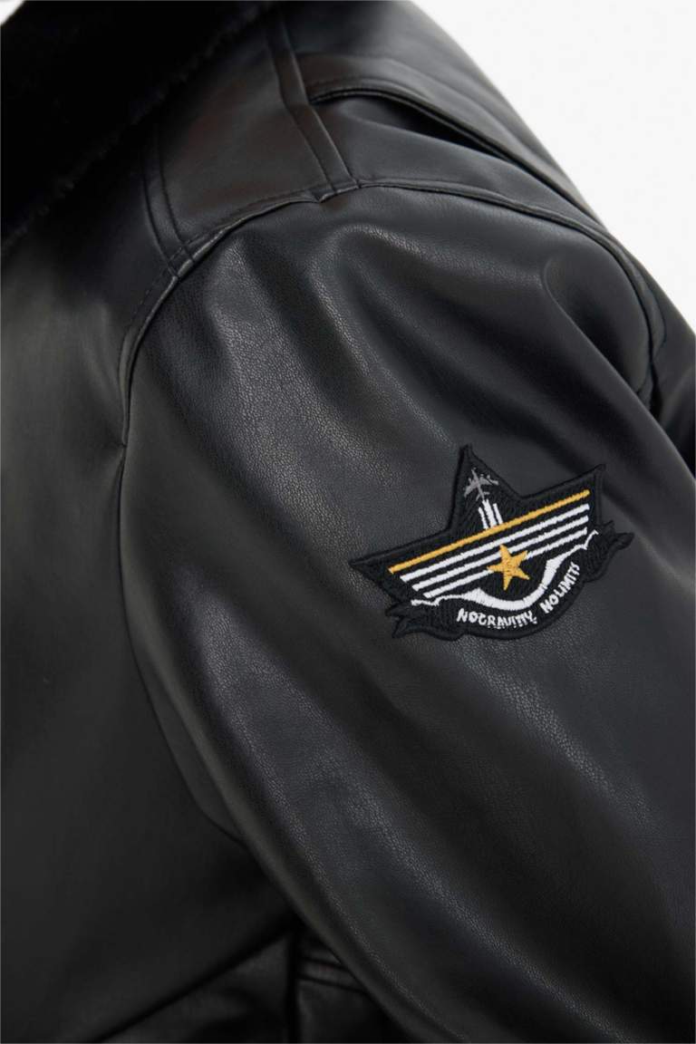 Regular Fit Plush Collar Faux Leather Bomber Jacket