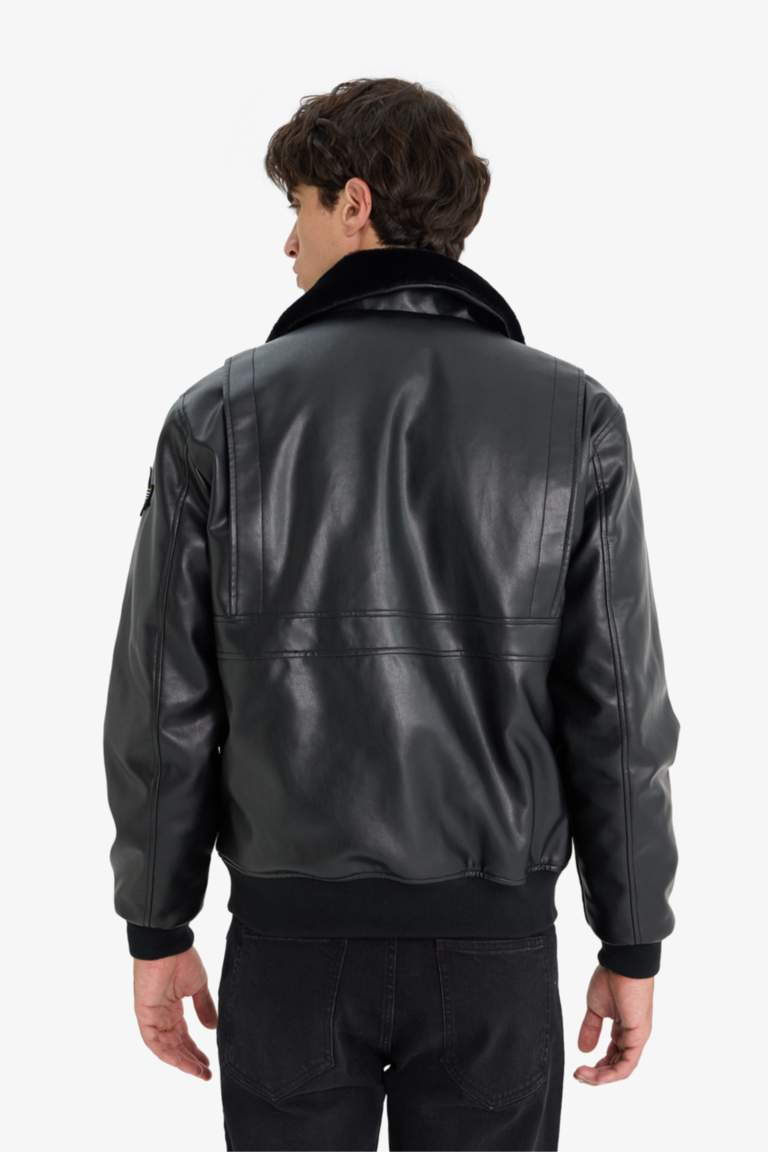 Regular Fit Plush Collar Faux Leather Bomber Jacket
