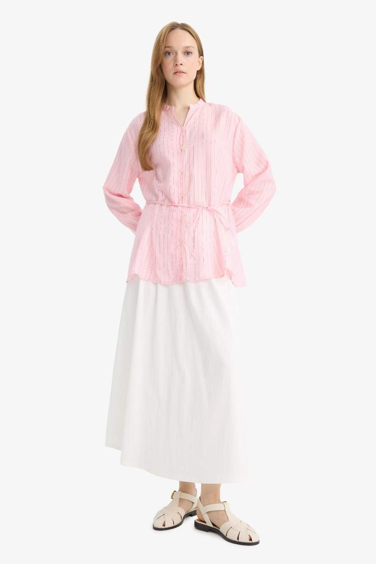 Relax Fit Çizgili Bağlamalı Uzun Kollu Gömlek Tunik