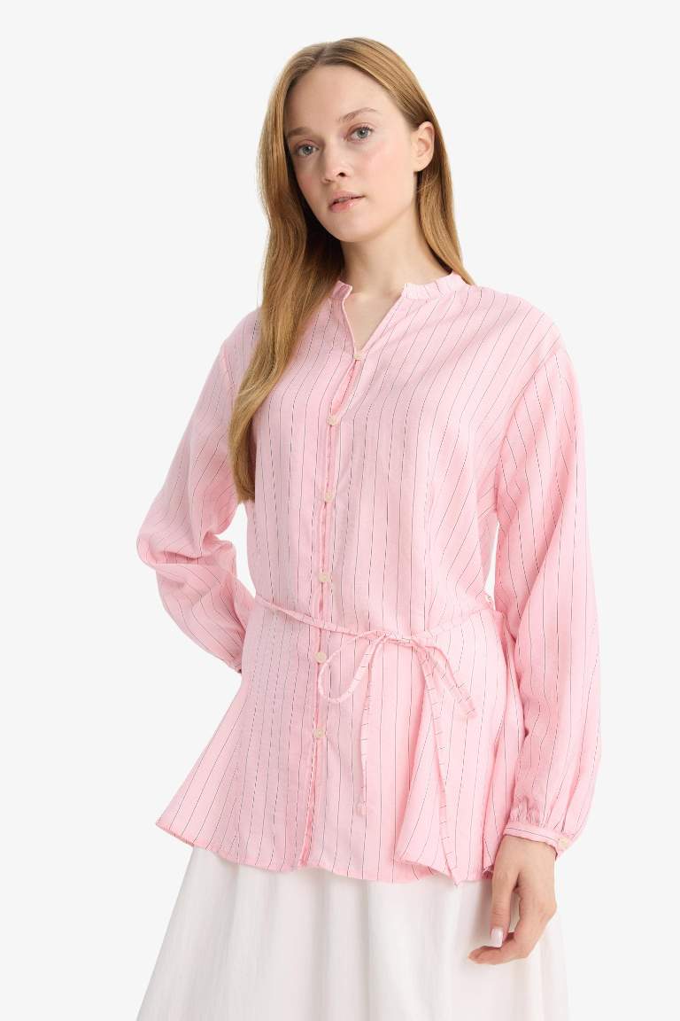 Relax Fit Çizgili Bağlamalı Uzun Kollu Gömlek Tunik