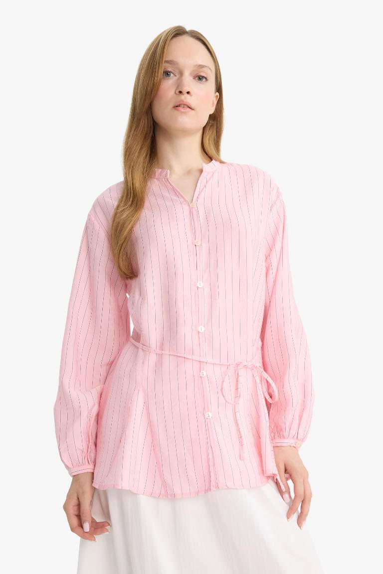 Relax Fit Çizgili Bağlamalı Uzun Kollu Gömlek Tunik