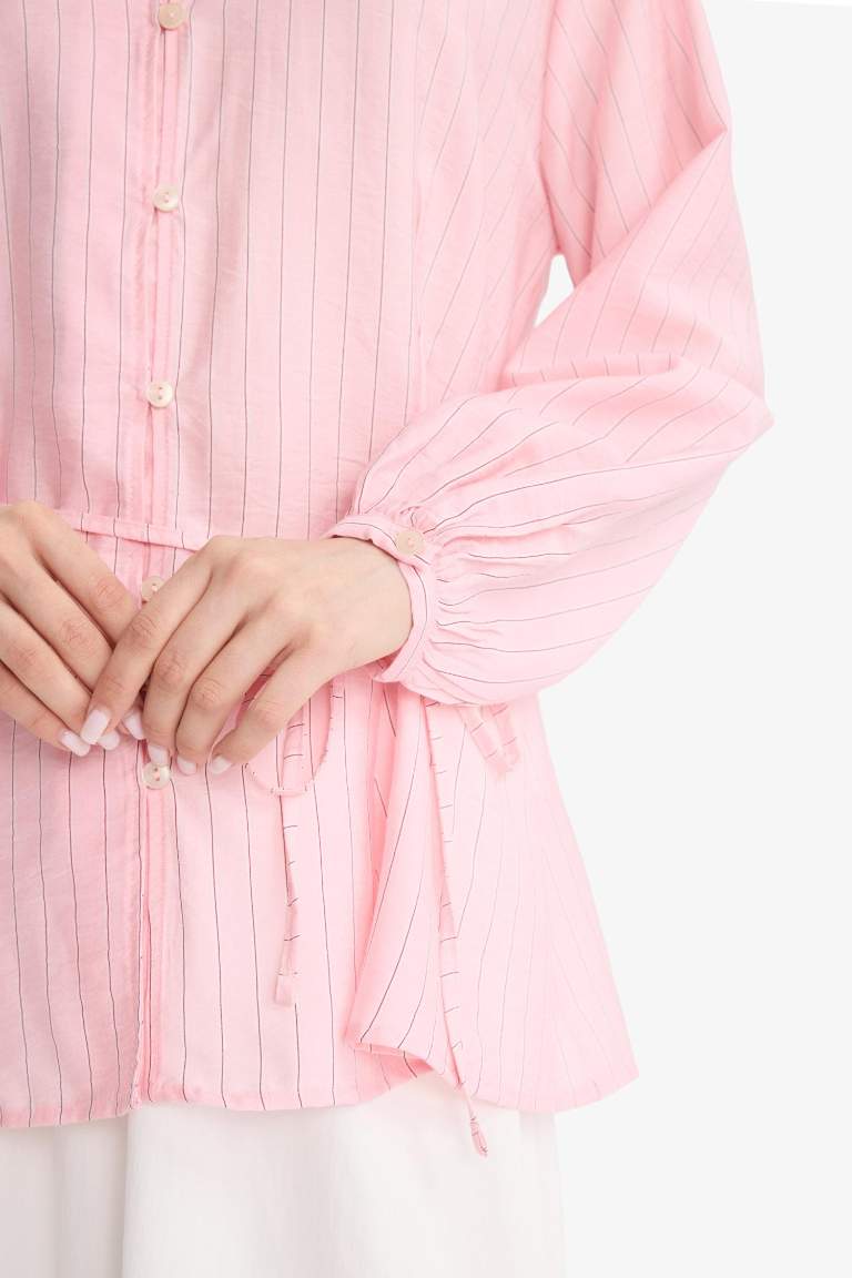 Relax Fit Çizgili Bağlamalı Uzun Kollu Gömlek Tunik