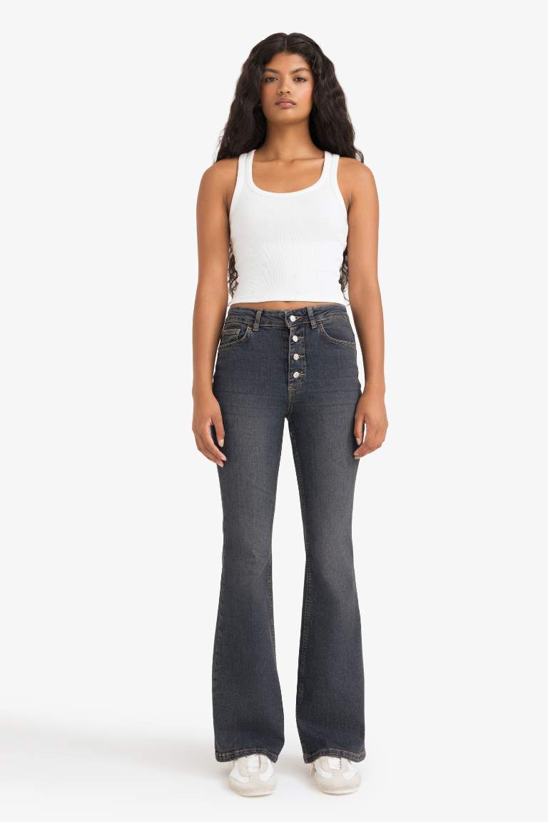 Mia Flare Fit Normal Bel Uzun Jean Yıkamalı Pantolon