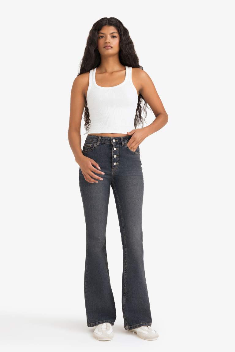Mia Flare Fit Normal Bel Uzun Jean Yıkamalı Pantolon