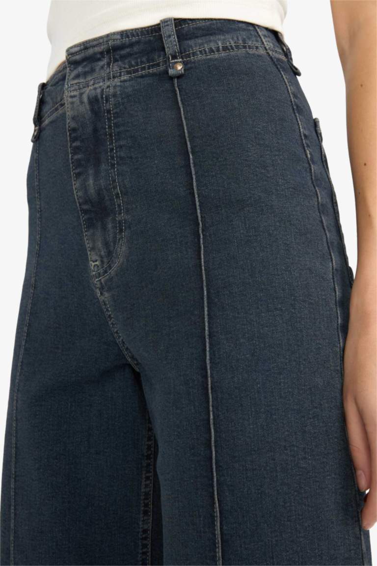 Culotte Yüksek Bel Uzun Jean Yıkamalı Pantolon