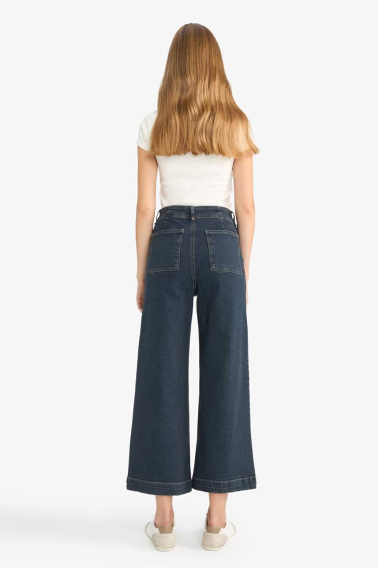 Culotte Yüksek Bel Uzun Jean Yıkamalı Pantolon