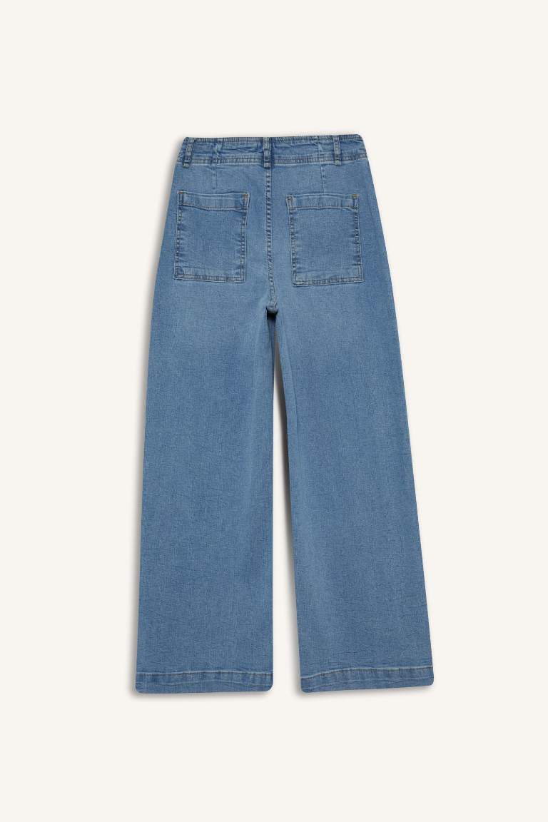 Culotte Yüksek Bel Uzun Jean Yıkamalı Pantolon
