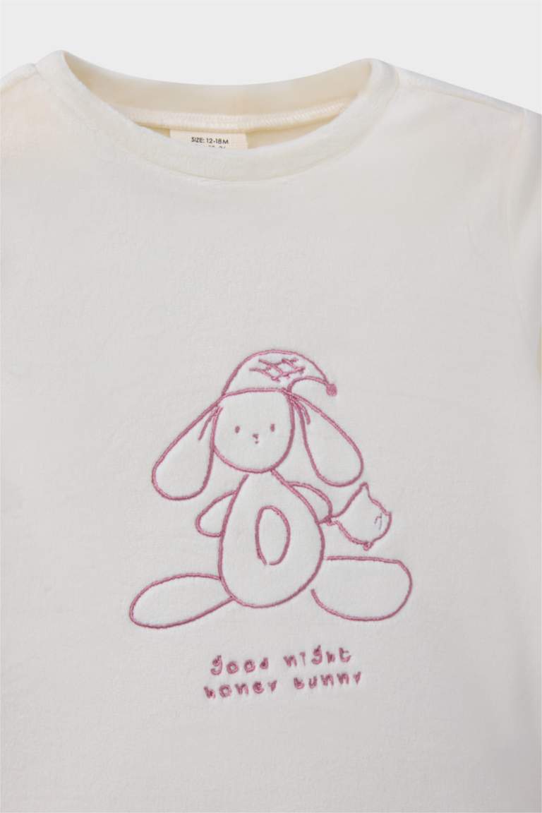 Kız Bebek Pijama Takımı Tavşan Baskılı Uzun Kollu Velur Üst Çizgili Uzun Alt