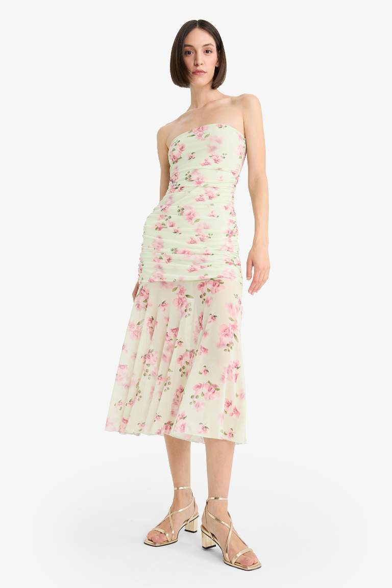 Coool Bodycon Vücudu Saran Straplez Çiçek Desenli Tül Maxi Elbise