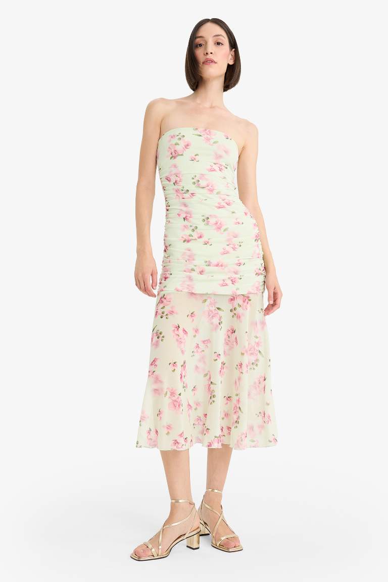Coool Bodycon Vücudu Saran Straplez Çiçek Desenli Tül Maxi Elbise