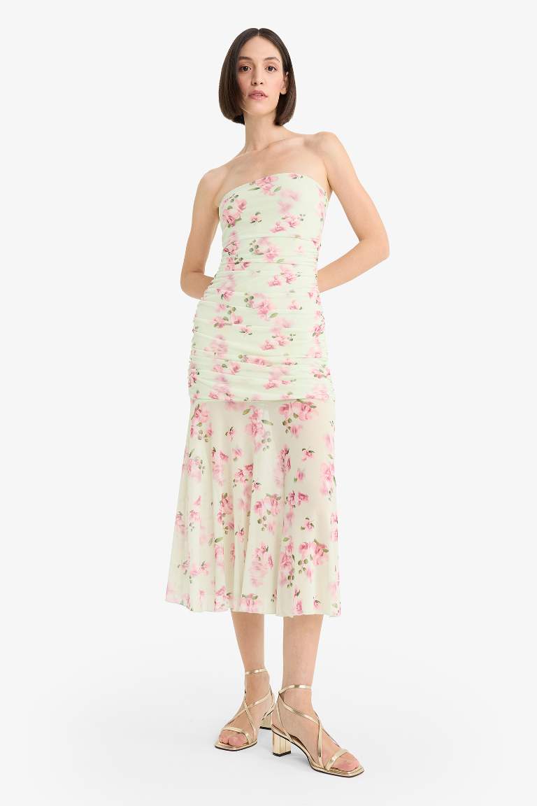 Coool Bodycon Vücudu Saran Straplez Çiçek Desenli Tül Maxi Elbise