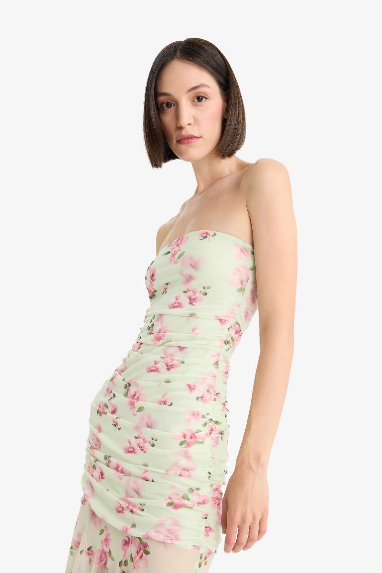 Coool Bodycon Vücudu Saran Straplez Çiçek Desenli Tül Maxi Elbise