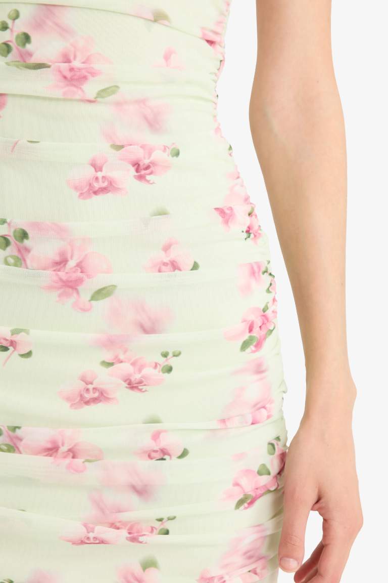Coool Bodycon Vücudu Saran Straplez Çiçek Desenli Tül Maxi Elbise