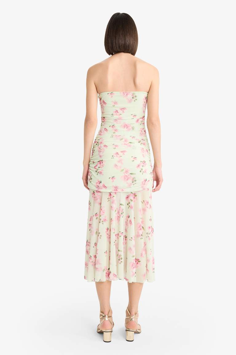Coool Bodycon Vücudu Saran Straplez Çiçek Desenli Tül Maxi Elbise