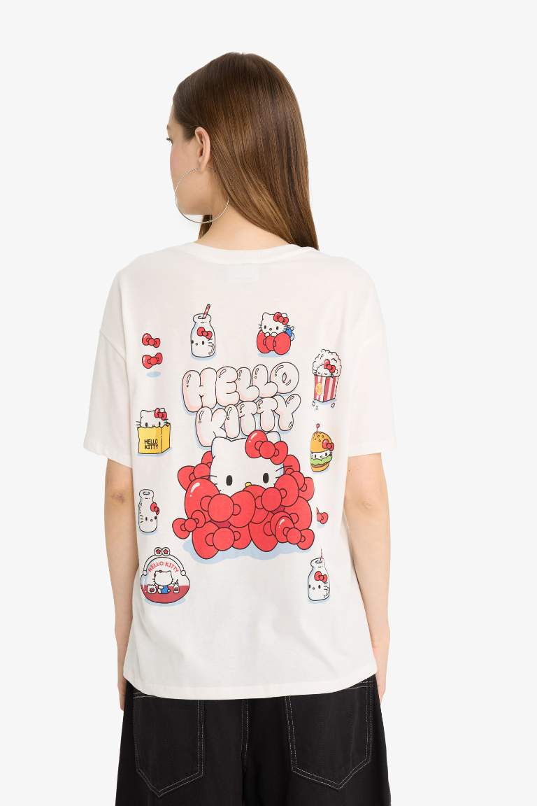 Coool Hello Kitty Oversize Geniş Kalıp Bisiklet Yaka Sırt Baskılı Kısa Kollu Tişört