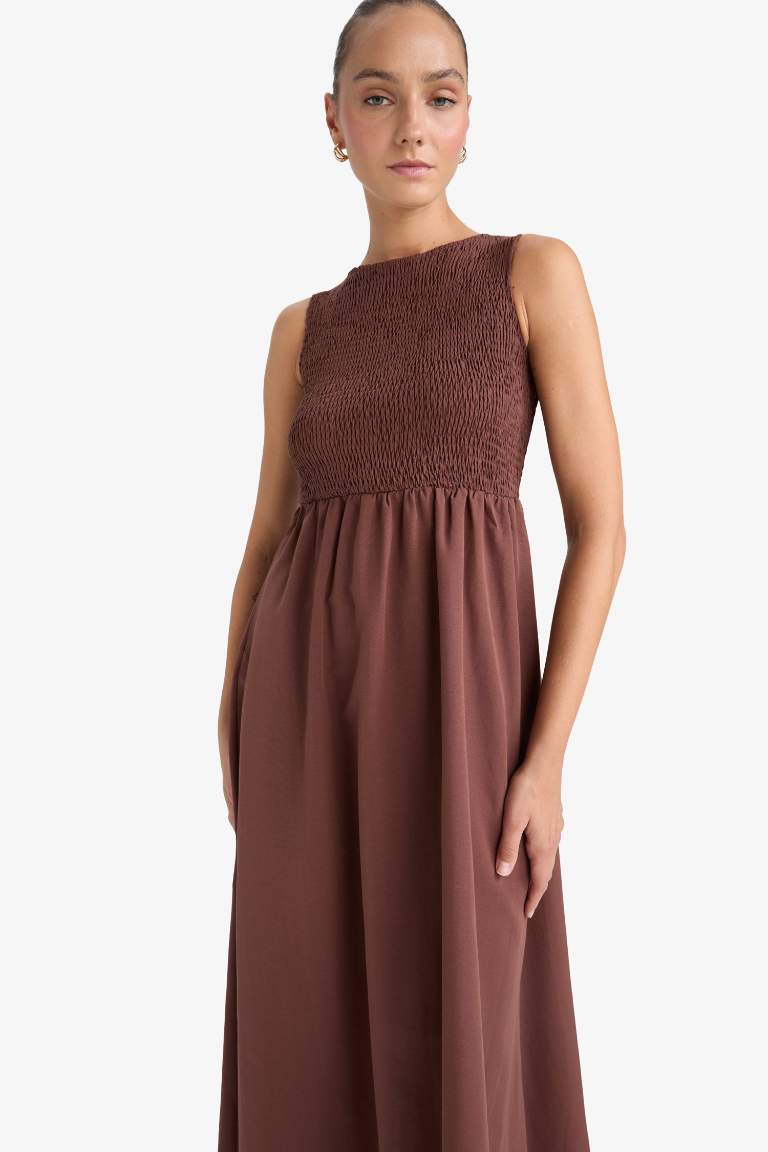Bisiklet Yaka Terry Cotton Kolsuz Midi Elbise