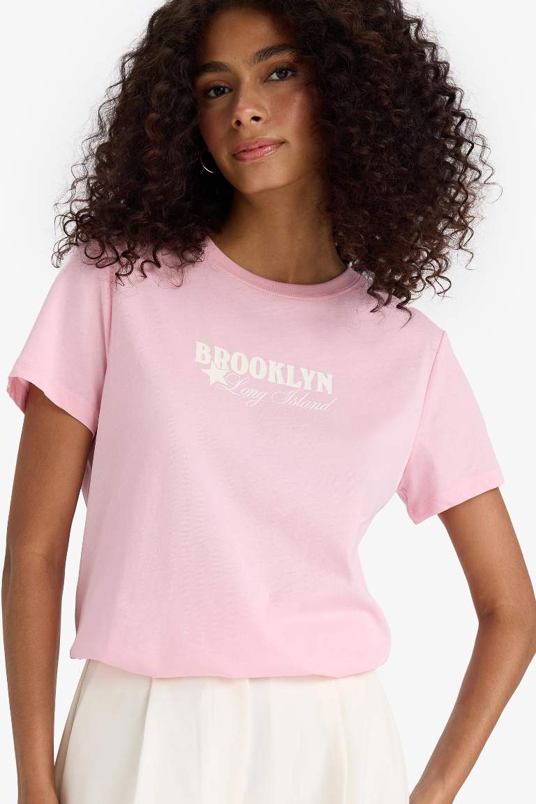 Regular Fit Bisiklet Yaka Baskılı Penye Kısa Kollu Tişört