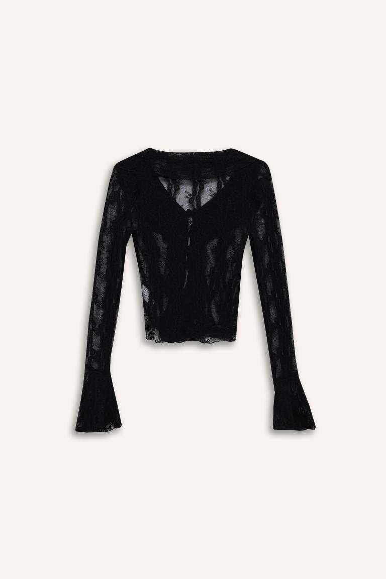 Slim Fit Dar Kesim V Yaka Dantel Önden Bağlamalı Uzun Kollu Bluz