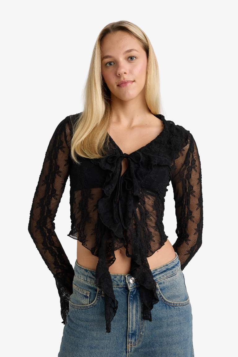 Slim Fit Dar Kesim V Yaka Dantel Önden Bağlamalı Uzun Kollu Bluz