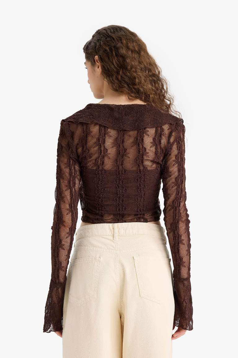 Slim Fit V Neck Lace Long Sleeve T-shirt