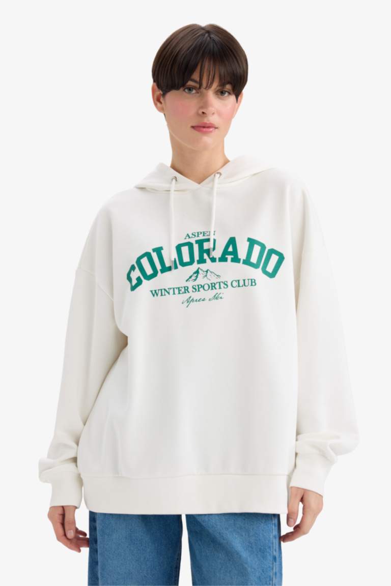 Oversize Geniş Kalıp Kapüşonlu Baskılı Sweatshirt