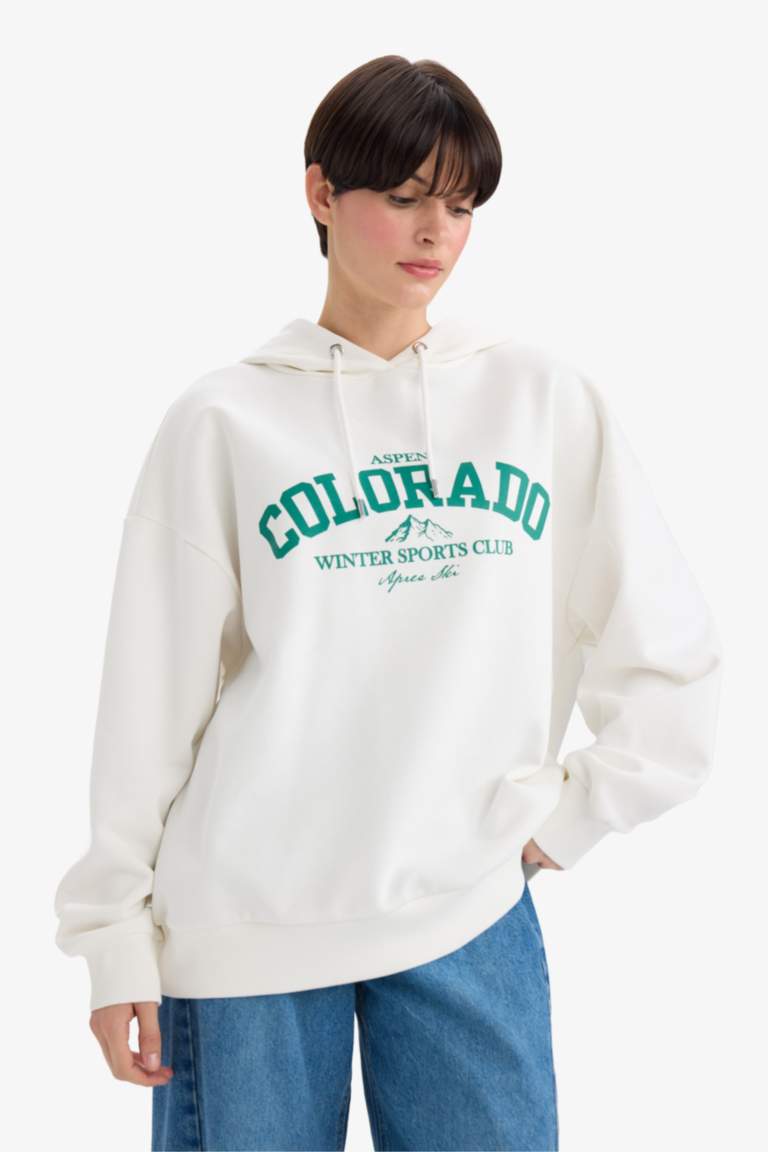 Oversize Geniş Kalıp Kapüşonlu Baskılı Sweatshirt